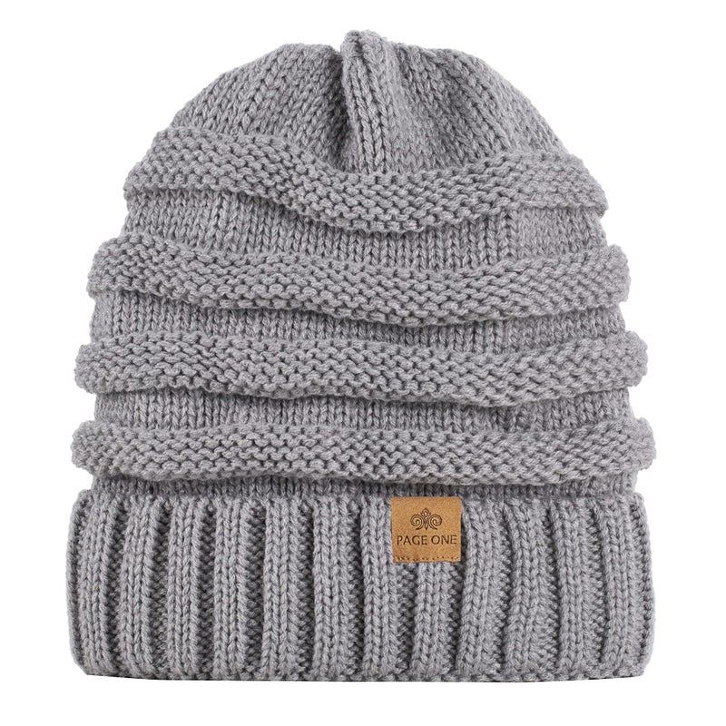 PAGE ONE Womens Winter Beanie Warm Cable Knit Hat Style Stretch Trendy Ribbed Chunky Cap Light Gray - Image 4